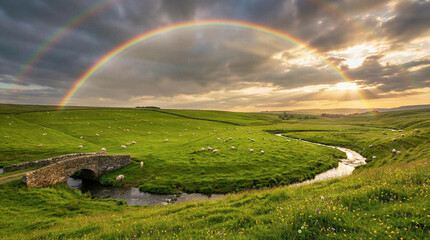 Breathtaking rainbow over idyllic countryside stream scenic landscape evening light rural peace