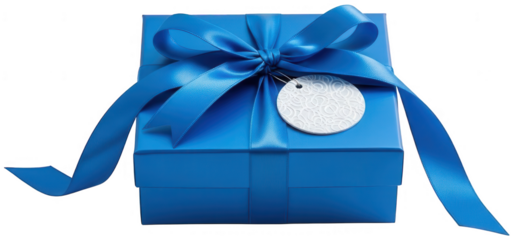 Blue square gift box with long silk ribbon tails and ornate round tag