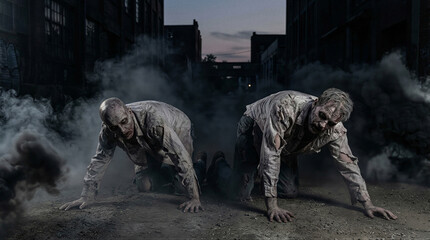 Zombie apocalypse crawlers abandoned urban street horror photography nighttime eerie atmosphere