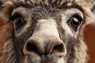 Obraz premium Alpaca's face showing both eyes and nose in a detailed close-up