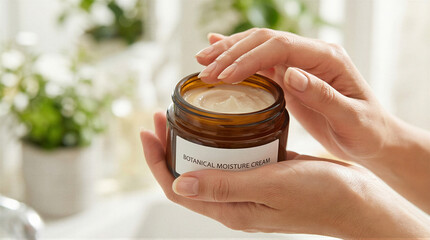 Applying botanical moisture cream for hydration home skincare routine beauty tips bright environment close-up shot