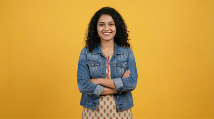 Smiling young woman studio portrait photography yellow background front view empowerment and confidence