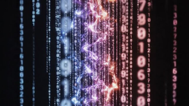Digital data stream flowing with colorful energy and binary code