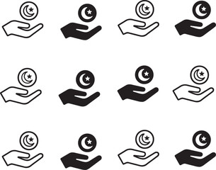 Isolated Ramadan charity hand icon, Ramadan charity helping hand vector, Islamic community support illustration, Muslim philanthropic minimal design, Ramadan charity branding, giving hand vector