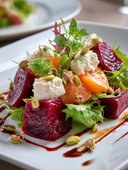 Beetroot orange salad with goat cheese and pistachios