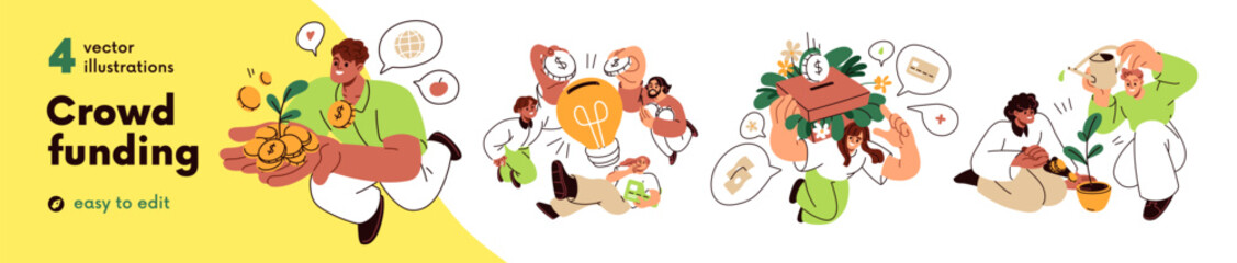 Obraz na płótnie Canvas Crowdfunding concept. Gaining money, capital on idea, contributing finance to fund, business startup. Investment, financial support, sponsorship. Flat vector illustration isolated on white background