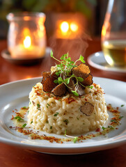 Steaming black truffle risotto serving with candlelight dinner
