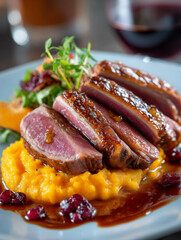 Roasted duck breast with pumpkin puree and berry sauce
