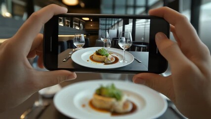Hands hold smartphone capturing gourmet plated dish in modern restaurant highlighting food photography dining and social sharing culture