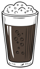 Cartoon glass of dark soda with bubbly foam top and bubbles in liquid