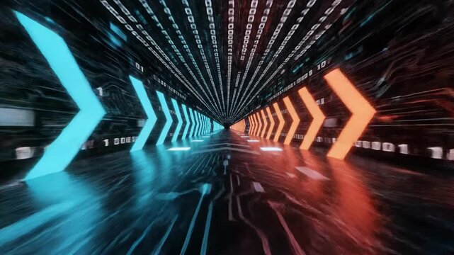 Digital data stream tunnel with binary code and arrows