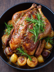 Whole roasted chicken with rosemary and small potatoes