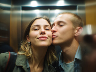 Fototapeta premium Young couple kissing in elevator taking selfie