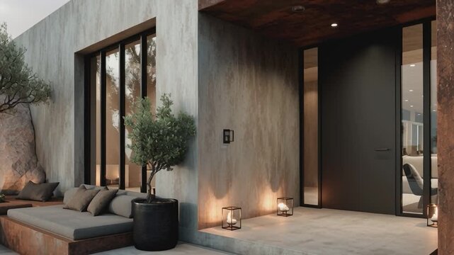 Modern Entrance: A contemporary architectural marvel, boasting sleek lines, textured walls, and an inviting entry. The design blends indoor-outdoor living, with a stylish seating area, modern door.