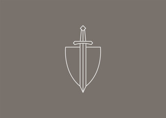 A sword and shield line art logo with strong symmetrical lines, symbolizing protection, courage, honor, strength, and defense