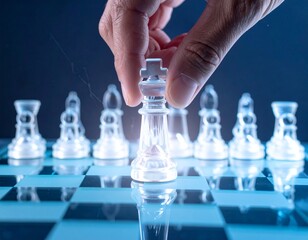 Hand Making Strategic Chess Move on Futuristic Glass Board 2026