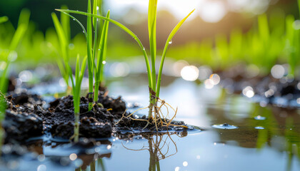 Naklejka premium young rice plants growing in water
