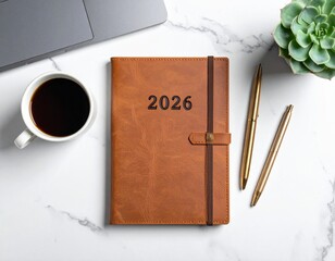 Elegant Flat Lay of 2026 Leather Planner and Coffee on Marble Desk
