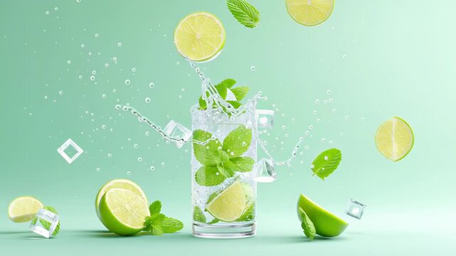 Refreshing lime and mint sparkling water splash with ice cubes on green background
