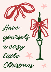 Whimsical Christmas vector card. Vintage retro holidays print design with candle and bows coquette illustration