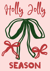 Whimsical Christmas vector card. Vintage retro holidays print design with bows coquette illustration
