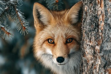 Red fox looking at camera from behind a tree and pine branches in a winter forest
