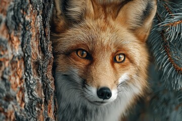 Red fox peaking from behind a tree observing its natural habitat