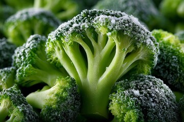 Broccoli florets covered in frost, representing freshness and healthy nutrition