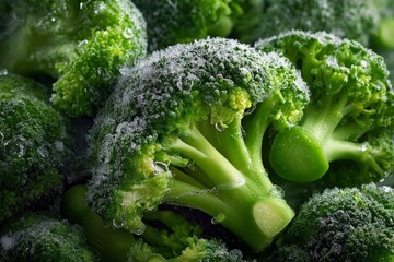 Broccoli florets covered in ice crystals, maintaining freshness and nutritional value