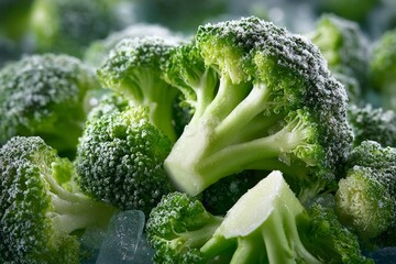 Frozen broccoli florets showing frost and ice, preserving freshness and nutrition
