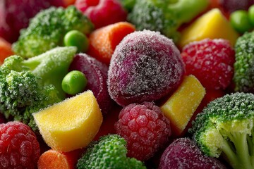 Assorted frozen fruits, berries, and vegetables coated in ice crystals ready for cooking © Michael