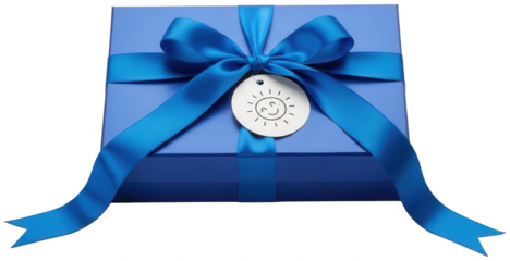 Bright blue gift box tied with vibrant satin ribbon and cheerful tag