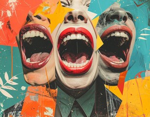 Abstract Grunge Collage of Shouting Lips, Concept of Viral Noise, Chaos and Digital Expression