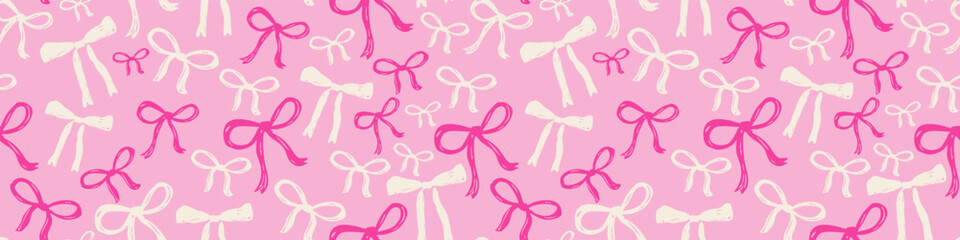 Seamless pattern with pink and white bows ribbon hand drawn on pastel pink background cute romantic decorative wrapping design
