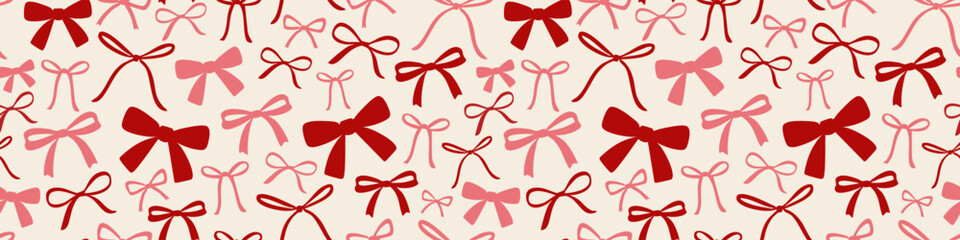 Seamless pattern red pink bows ribbon beige background cute romantic decorative hand drawn bow elements for wrapping paper textile and wallpaper