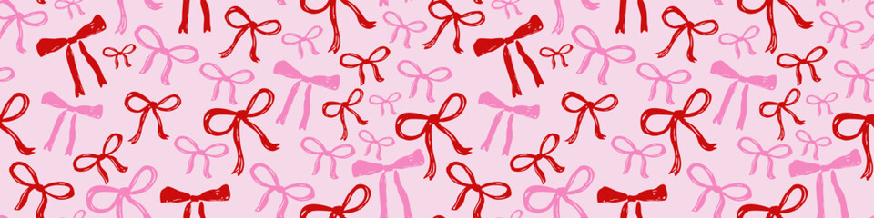 Seamless pattern with red and pink bows ribbon hand drawn on pastel pink background cute romantic decorative wrapping design