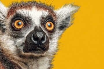 Ring-tailed lemur head shot on a yellow background looking forward