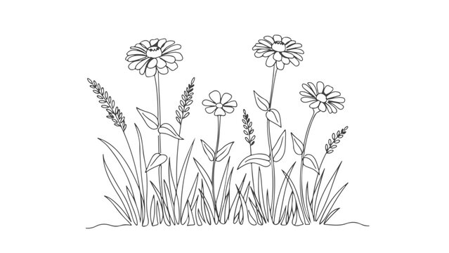 Continuous one line art vector illustration of a field of flowers and grasses, simple black and white graphic design