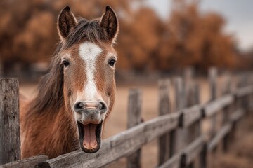 Brown horse yawning widely while standing behind a wooden farm fence