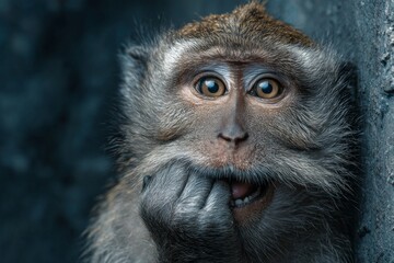 Macaque monkey close-up with wide eyes and open mouth biting its finger