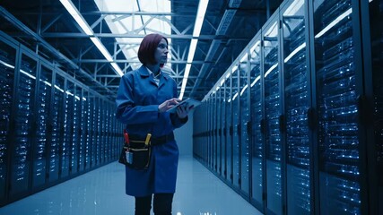 Woman technician works with tablet in server room data center. Technician checks server equipment using tablet. Woman in data center inspects server network. Worker maintains server room systems. - Powered by Adobe