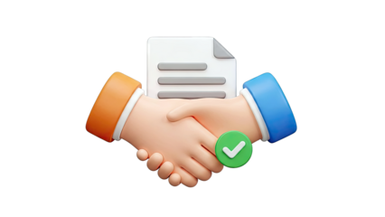 3D Illustration of Handshake with Document and Checkmark