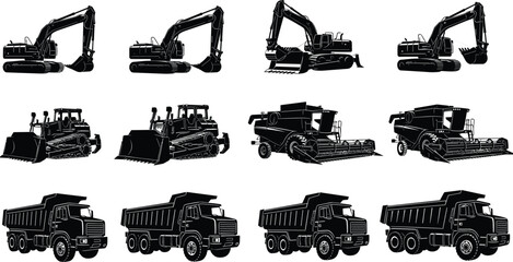 Heavy Construction Machinery Silhouette Set Featuring Excavators, Bulldozers, Dump Trucks and Harvesters for Industrial, Engineering and Infrastructure Design © MstHalima