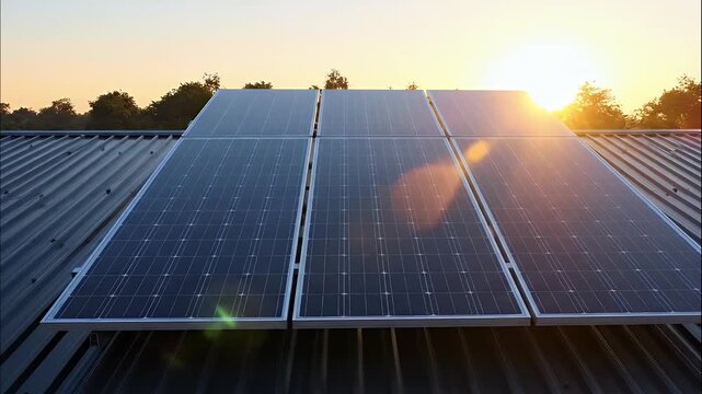 Solar panels on a roof absorb sun energy during a warm sunset.