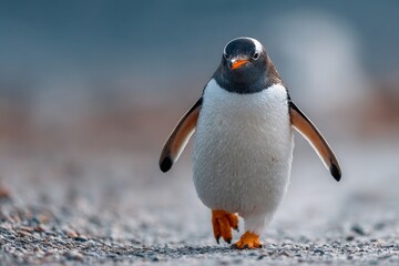 Gentoo penguin stepping on a cold antarctic pebble beach, showing wildlife and nature