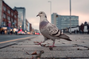 Pigeon walking along a city sidewalk with blurred buildings and street lights in background