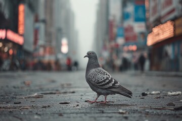 Pigeon standing on a gloomy city street with blurred buildings and lights