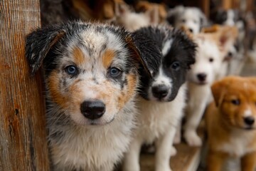 Young wet puppies peeking from a wooden enclosure, forming a group