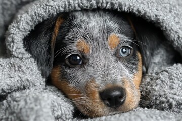 Cute australian cattle dog puppy resting comfortably under a warm, soft gray blanket