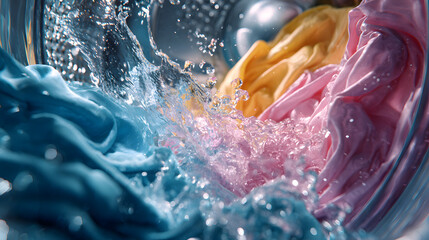 Colorful clothes spinning and splashing in a washing machine drum, showing dynamic water movement, fabric care and the cleaning power of modern laundry cycles